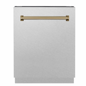 ZLINE Autograph Edition 24 in. Tallac Series 3rd Rack Dishwasher with Auto Door Open Drying, 51dBa, Satin Stainless Steel Panel with Champagne Bronze Handle (DWVZ-SN-24-CB) main image.