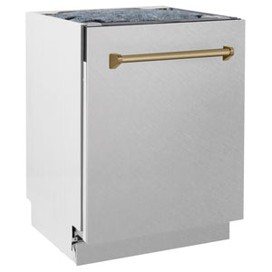 ZLINE Autograph Edition 24 in. Tallac Series 3rd Rack Dishwasher with Auto Door Open Drying, 51dBa, Satin Stainless Steel Panel with Champagne Bronze Handle (DWVZ-SN-24-CB) side.