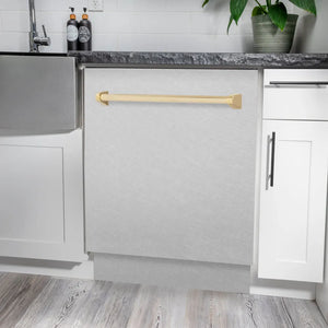 ZLINE Autograph Edition 24 in. Tallac Series 3rd Rack Dishwasher with Auto Door Open Drying, 51dBa, Satin Stainless Steel Panel with Polished Gold Handle (DWVZ-SN-24-G) in a modern kitchen with white cabinets and a gray countertop.