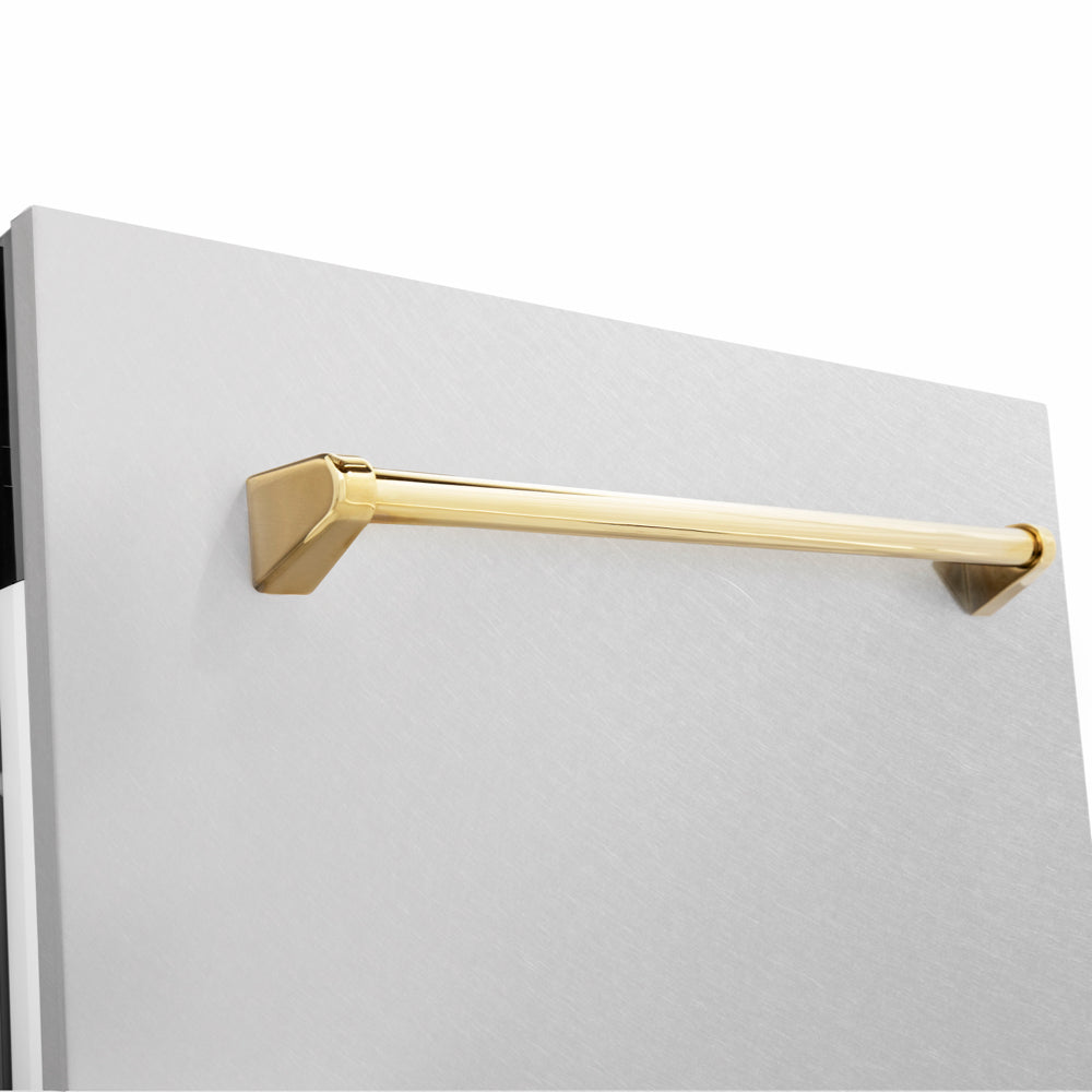 ZLINE Autograph Edition 24 in. Tallac Series 3rd Rack Dishwasher with Auto Door Open Drying, 51dBa, Satin Stainless Steel Panel with Polished Gold Handle (DWVZ-SN-24-G) close-up, handle location.