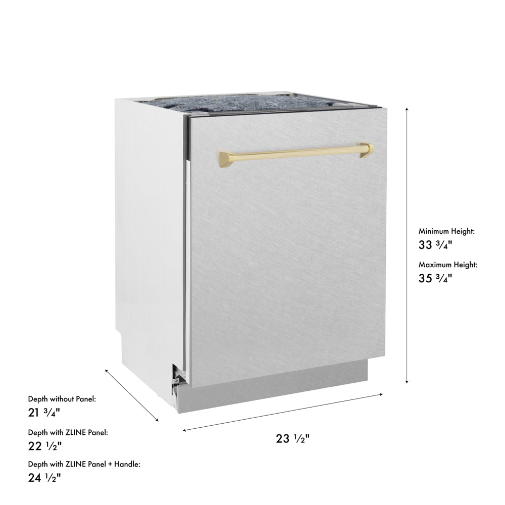 ZLINE Autograph Edition 24 in. Tallac Series 3rd Rack Dishwasher with Auto Door Open Drying, 51dBa, Satin Stainless Steel Panel with Polished Gold Handle (DWVZ-SN-24-G) with dimensions labeled.
