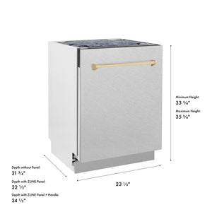 ZLINE Autograph Edition 24 in. Tallac Series 3rd Rack Dishwasher with Auto Door Open Drying, 51dBa, Satin Stainless Steel Panel with Polished Gold Handle (DWVZ-SN-24-G) with dimensions labeled.