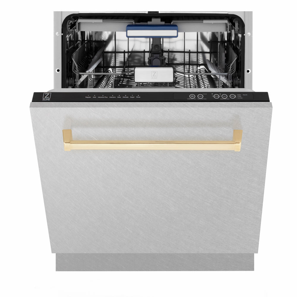ZLINE Autograph Edition 24 in. Tallac Series 3rd Rack Dishwasher with Auto Door Open Drying, 51dBa, Satin Stainless Steel Panel with Polished Gold Handle (DWVZ-SN-24-G) front, half open.