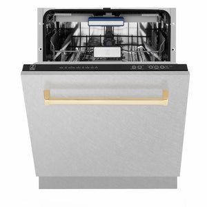 ZLINE Autograph Edition 24 in. Tallac Series 3rd Rack Dishwasher with Auto Door Open Drying, 51dBa, Satin Stainless Steel Panel with Polished Gold Handle (DWVZ-SN-24-G) front, half open.