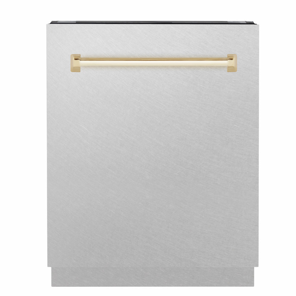 ZLINE Autograph Edition 24 in. Tallac Series 3rd Rack Dishwasher with Auto Door Open Drying, 51dBa, Satin Stainless Steel Panel with Polished Gold Handle (DWVZ-SN-24-G) main image.