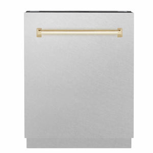ZLINE Autograph Edition 24 in. Tallac Series 3rd Rack Dishwasher with Auto Door Open Drying, 51dBa, Satin Stainless Steel Panel with Polished Gold Handle (DWVZ-SN-24-G) main image.