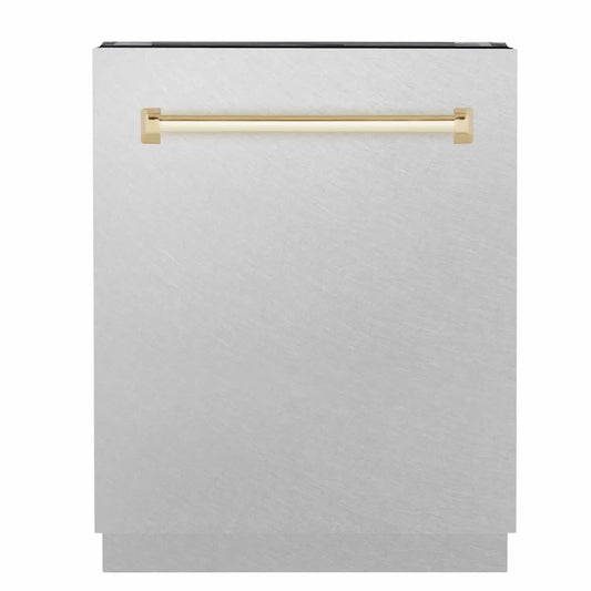 ZLINE Autograph Edition 24 in. Tallac Series 3rd Rack Dishwasher with Auto Door Open Drying, 51dBa, Satin Stainless Steel Panel with Polished Gold Handle (DWVZ-SN-24-G) main image.