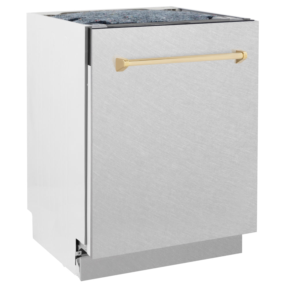 ZLINE Autograph Edition 24 in. Tallac Series 3rd Rack Dishwasher with Auto Door Open Drying, 51dBa, Satin Stainless Steel Panel with Polished Gold Handle (DWVZ-SN-24-G) side.
