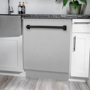 ZLINE Autograph Edition 24 in. Tallac Series 3rd Rack Dishwasher with Auto Door Open Drying, 51dBa, Satin Stainless Steel Panel with Matte Black Handle (DWVZ-SN-24-MB) in a modern kitchen with white cabinets and a gray countertop.