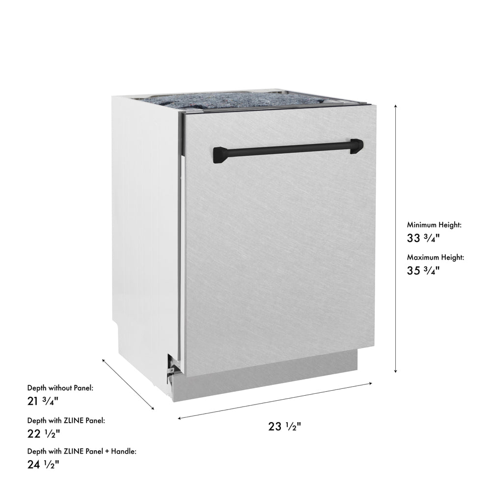 ZLINE Autograph Edition 24 in. Tallac Series 3rd Rack Dishwasher with Auto Door Open Drying, 51dBa, Satin Stainless Steel Panel with Matte Black Handle (DWVZ-SN-24-MB) with dimensions labeled.