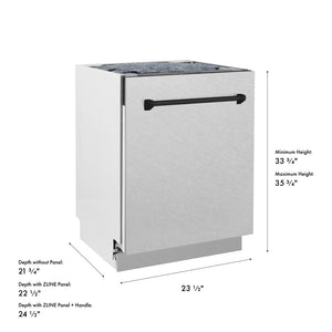 ZLINE Autograph Edition 24 in. Tallac Series 3rd Rack Dishwasher with Auto Door Open Drying, 51dBa, Satin Stainless Steel Panel with Matte Black Handle (DWVZ-SN-24-MB) with dimensions labeled.
