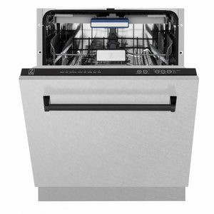 ZLINE Autograph Edition 24 in. Tallac Series 3rd Rack Dishwasher with Auto Door Open Drying, 51dBa, Satin Stainless Steel Panel with Matte Black Handle (DWVZ-SN-24-MB) front, half open.