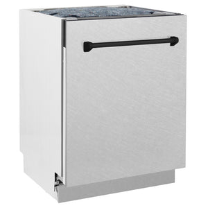ZLINE Autograph Edition 24 in. Tallac Series 3rd Rack Dishwasher with Auto Door Open Drying, 51dBa, Satin Stainless Steel Panel with Matte Black Handle (DWVZ-SN-24-MB) side.
