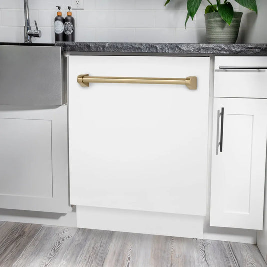 ZLINE Autograph Edition 24 in. Tallac Series 3rd Rack Dishwasher with Auto Door Open Drying, 51dBa, White Matte Panel with Champagne Bronze Handle (DWVZ-WM-24-CB) in a modern kitchen with white cabinets and a gray countertop.