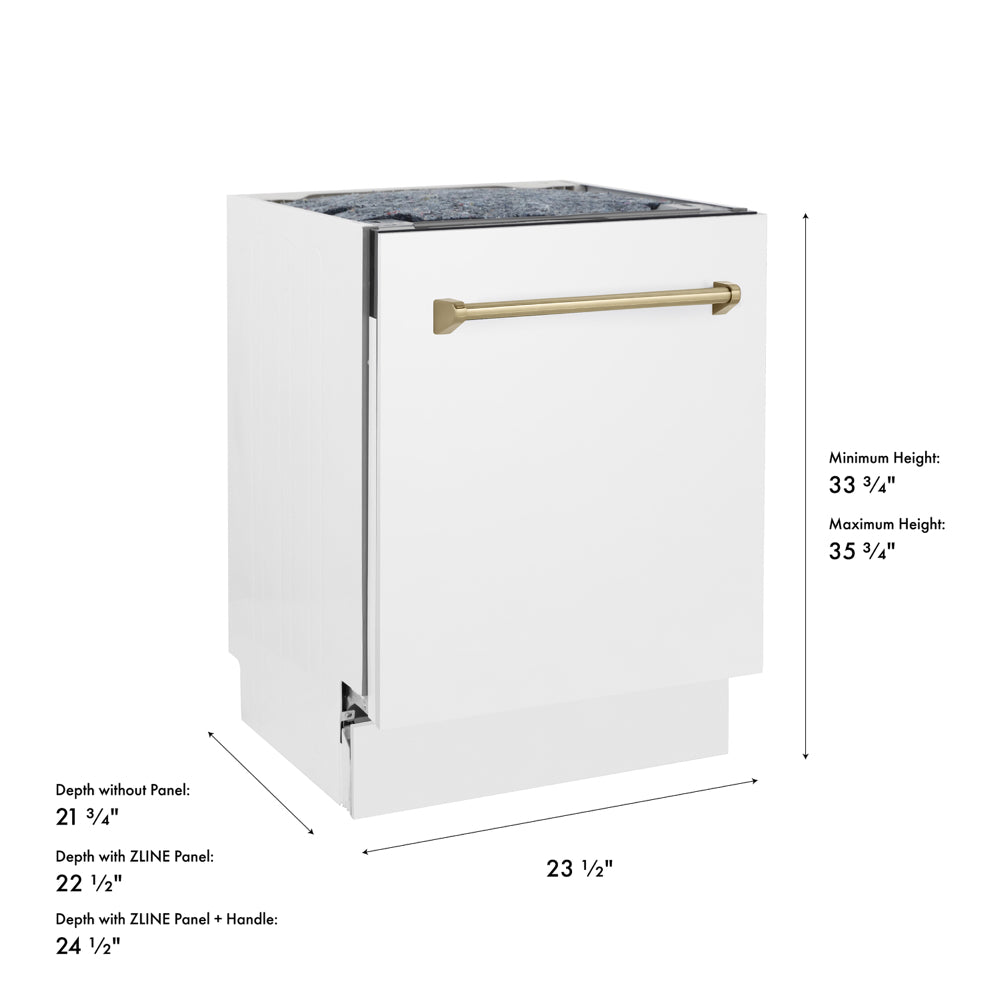 ZLINE Autograph Edition 24 in. Tallac Series 3rd Rack Dishwasher with Auto Door Open Drying, 51dBa, White Matte Panel with Champagne Bronze Handle (DWVZ-WM-24-CB) with dimensions labeled.