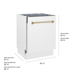 ZLINE Autograph Edition 24 in. Tallac Series 3rd Rack Dishwasher with Auto Door Open Drying, 51dBa, White Matte Panel with Champagne Bronze Handle (DWVZ-WM-24-CB) with dimensions labeled.