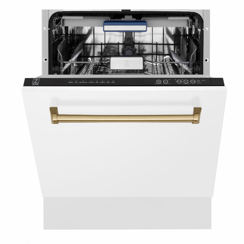 ZLINE Autograph Edition 24 in. Tallac Series 3rd Rack Dishwasher with Auto Door Open Drying, 51dBa, White Matte Panel with Champagne Bronze Handle (DWVZ-WM-24-CB) front, half open.