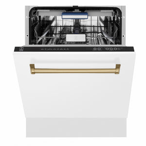 ZLINE Autograph Edition 24 in. Tallac Series 3rd Rack Dishwasher with Auto Door Open Drying, 51dBa, White Matte Panel with Champagne Bronze Handle (DWVZ-WM-24-CB) front, half open.