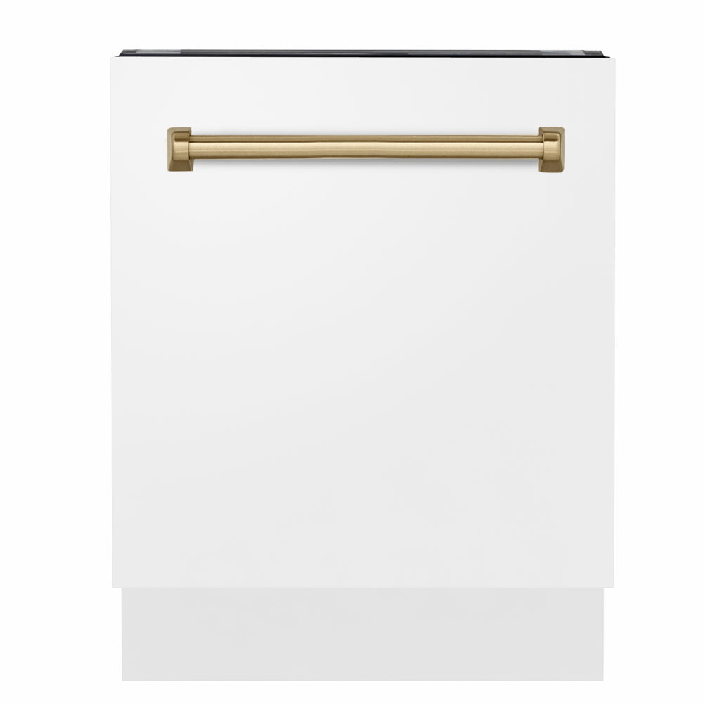ZLINE Autograph Edition 24 in. Tallac Series 3rd Rack Dishwasher with Auto Door Open Drying, 51dBa, White Matte Panel with Champagne Bronze Handle (DWVZ-WM-24-CB) main image.