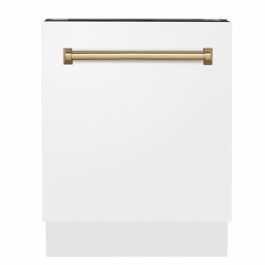 ZLINE Autograph Edition 24 in. Tallac Series 3rd Rack Dishwasher with Auto Door Open Drying, 51dBa, White Matte Panel with Champagne Bronze Handle (DWVZ-WM-24-CB)