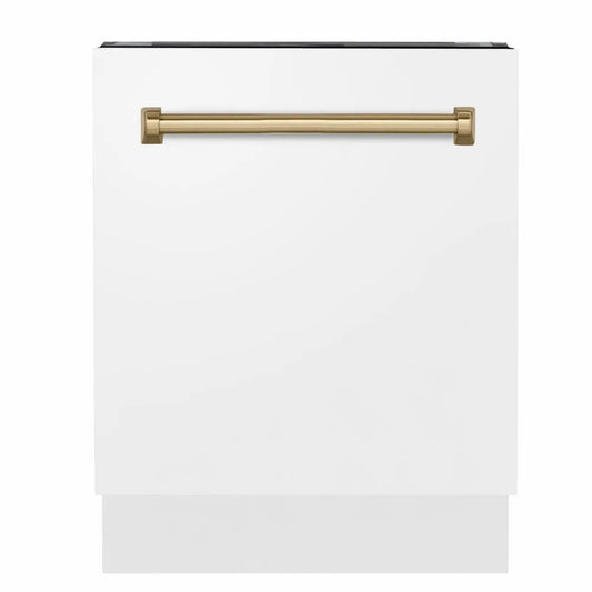 ZLINE Autograph Edition 24 in. Tallac Series 3rd Rack Dishwasher with Auto Door Open Drying, 51dBa, White Matte Panel with Champagne Bronze Handle (DWVZ-WM-24-CB) main image.