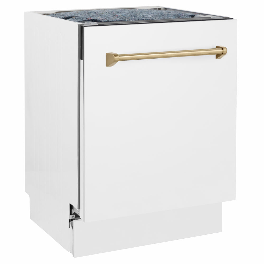 ZLINE Autograph Edition 24 in. Tallac Series 3rd Rack Dishwasher with Auto Door Open Drying, 51dBa, White Matte Panel with Champagne Bronze Handle (DWVZ-WM-24-CB) side.