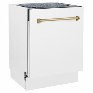 ZLINE Autograph Edition 24 in. Tallac Series 3rd Rack Dishwasher with Auto Door Open Drying, 51dBa, White Matte Panel with Champagne Bronze Handle (DWVZ-WM-24-CB) side.