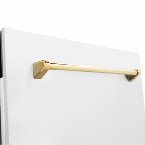 ZLINE Autograph Edition 24 in. Tallac Series 3rd Rack Dishwasher with Auto Door Open Drying, 51dBa, White Matte Panel with Polished Gold Handle (DWVZ-WM-24-G) close-up, handle location.