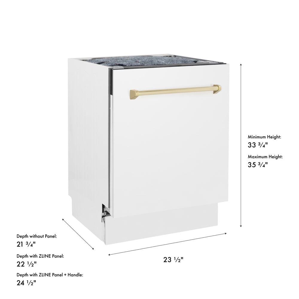 ZLINE Autograph Edition 24 in. Tallac Series 3rd Rack Dishwasher with Auto Door Open Drying, 51dBa, White Matte Panel with Polished Gold Handle (DWVZ-WM-24-G) with dimensions labeled.