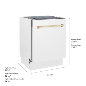 ZLINE Autograph Edition 24 in. Tallac Series 3rd Rack Dishwasher with Auto Door Open Drying, 51dBa, White Matte Panel with Polished Gold Handle (DWVZ-WM-24-G) with dimensions labeled.