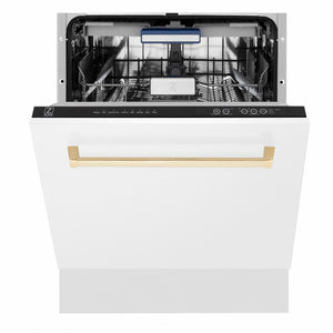 ZLINE Autograph Edition 24 in. Tallac Series 3rd Rack Dishwasher with Auto Door Open Drying, 51dBa, White Matte Panel with Polished Gold Handle (DWVZ-WM-24-G) front, half open.