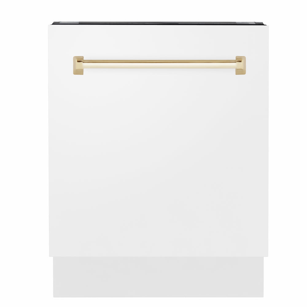 ZLINE Autograph Edition 24 in. Tallac Series 3rd Rack Dishwasher with Auto Door Open Drying, 51dBa, White Matte Panel with Polished Gold Handle (DWVZ-WM-24-G) main image.