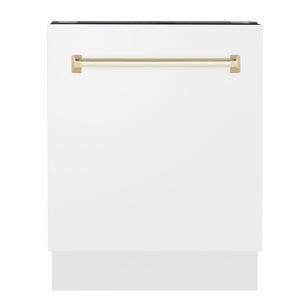 ZLINE Autograph Edition 24 in. Tallac Series 3rd Rack Dishwasher with Auto Door Open Drying, 51dBa, White Matte Panel with Polished Gold Handle (DWVZ-WM-24-G) main image.