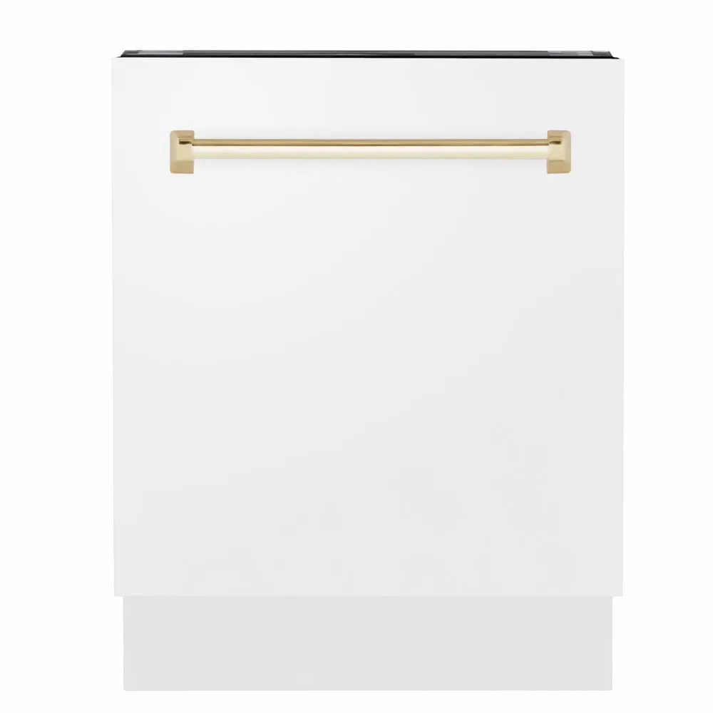 ZLINE Autograph Edition 24 in. Tallac Series 3rd Rack Dishwasher with Auto Door Open Drying, 51dBa, White Matte Panel with Polished Gold Handle (DWVZ-WM-24-G) main image.
