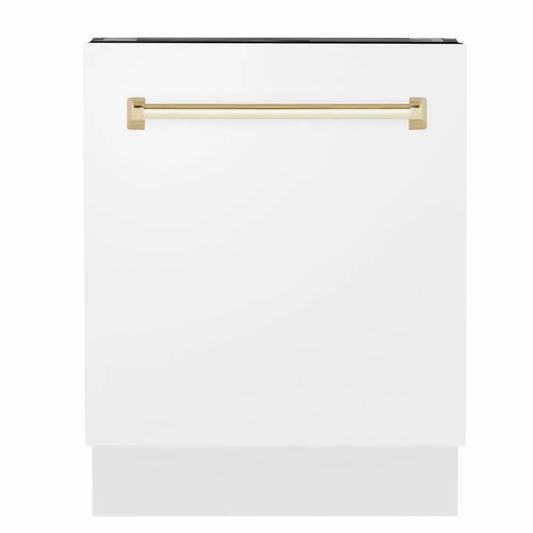 ZLINE Autograph Edition 24 in. Tallac Series 3rd Rack Dishwasher with Auto Door Open Drying, 51dBa, White Matte Panel with Polished Gold Handle (DWVZ-WM-24-G) main image.