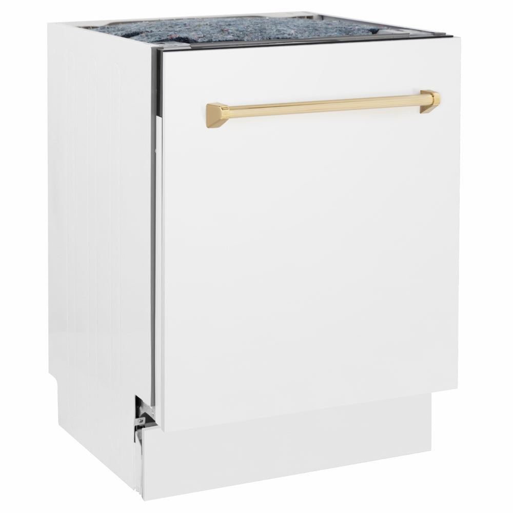 ZLINE Autograph Edition 24 in. Tallac Series 3rd Rack Dishwasher with Auto Door Open Drying, 51dBa, White Matte Panel with Polished Gold Handle (DWVZ-WM-24-G) side.