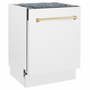 ZLINE Autograph Edition 24 in. Tallac Series 3rd Rack Dishwasher with Auto Door Open Drying, 51dBa, White Matte Panel with Polished Gold Handle (DWVZ-WM-24-G) side.