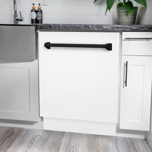 ZLINE Autograph Edition 24 in. Tallac Series 3rd Rack Dishwasher with Auto Door Open Drying, 51dBa, White Matte Panel with Matte Black Handle (DWVZ-WM-24-MB) in a modern kitchen with white cabinets and a gray countertop.