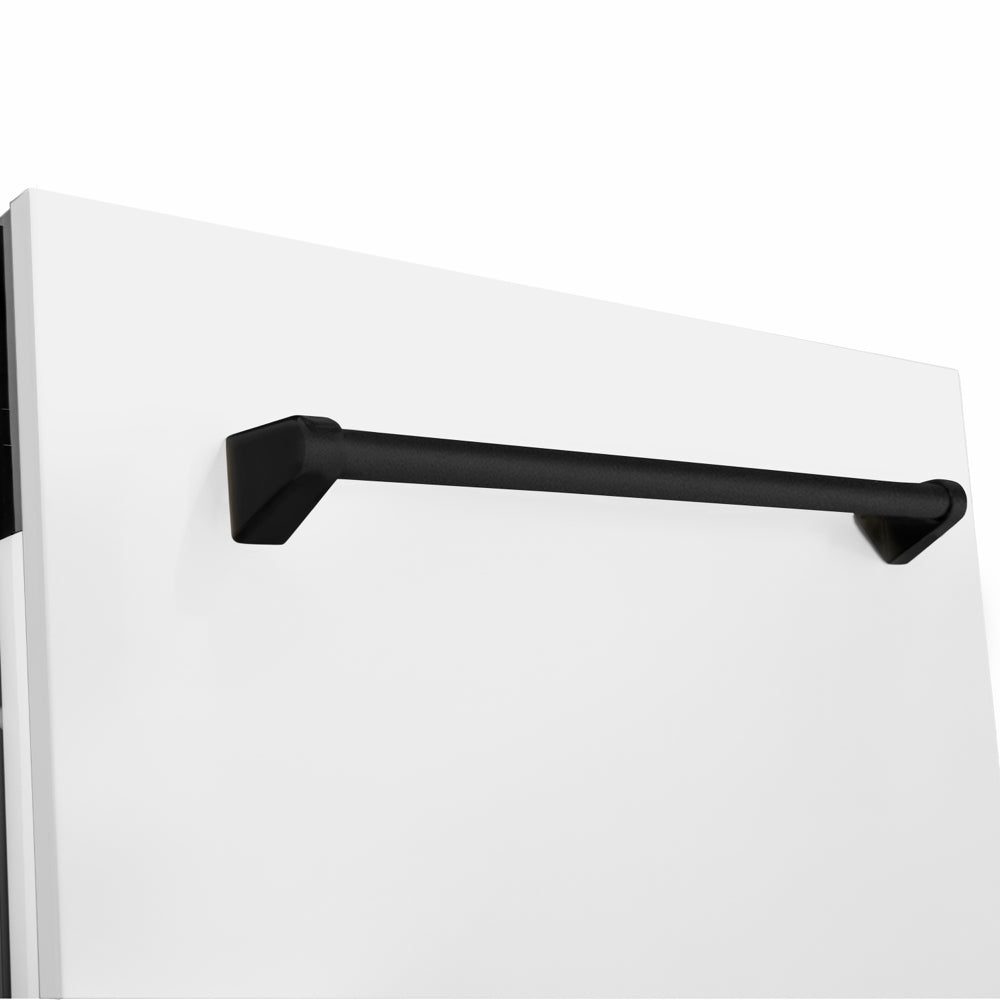 ZLINE Autograph Edition 24 in. Tallac Series 3rd Rack Dishwasher with Auto Door Open Drying, 51dBa, White Matte Panel with Matte Black Handle (DWVZ-WM-24-MB) close-up, handle location.