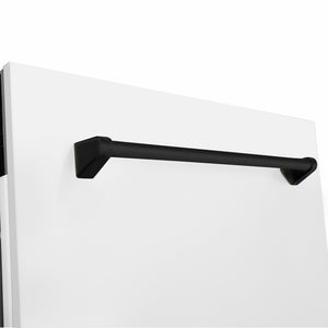 ZLINE Autograph Edition 24 in. Tallac Series 3rd Rack Dishwasher with Auto Door Open Drying, 51dBa, White Matte Panel with Matte Black Handle (DWVZ-WM-24-MB) close-up, handle location.