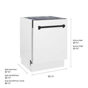 ZLINE Autograph Edition 24 in. Tallac Series 3rd Rack Dishwasher with Auto Door Open Drying, 51dBa, White Matte Panel with Matte Black Handle (DWVZ-WM-24-MB) with dimensions labeled.
