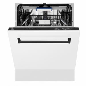 ZLINE Autograph Edition 24 in. Tallac Series 3rd Rack Dishwasher with Auto Door Open Drying, 51dBa, White Matte Panel with Matte Black Handle (DWVZ-WM-24-MB) front, half open.