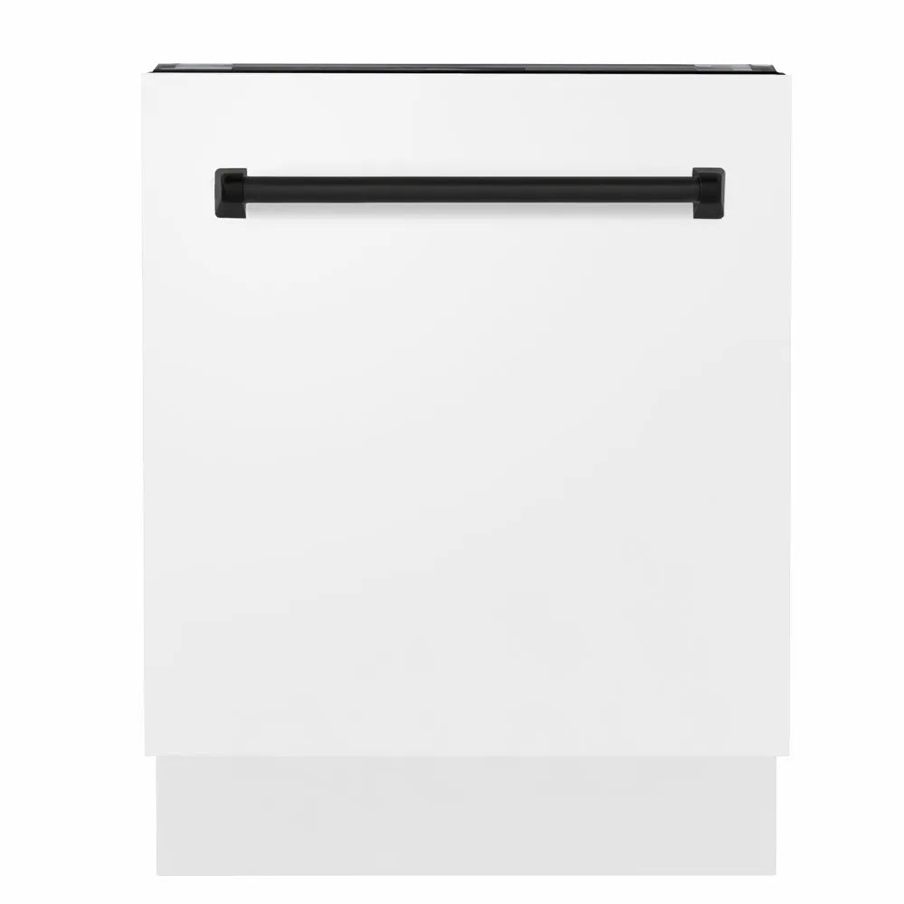 ZLINE Autograph Edition 24 in. Tallac Series 3rd Rack Dishwasher with Auto Door Open Drying, 51dBa, White Matte Panel with Matte Black Handle (DWVZ-WM-24-MB) main image.