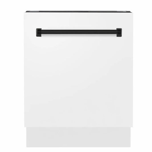 ZLINE Autograph Edition 24 in. Tallac Series 3rd Rack Dishwasher with Auto Door Open Drying, 51dBa, White Matte Panel with Matte Black Handle (DWVZ-WM-24-MB) main image.