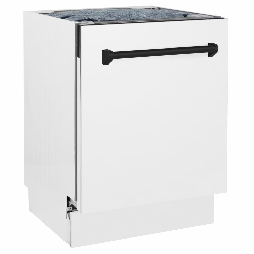 ZLINE Autograph Edition 24 in. Tallac Series 3rd Rack Dishwasher with Auto Door Open Drying, 51dBa, White Matte Panel with Matte Black Handle (DWVZ-WM-24-MB) side.