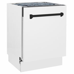 ZLINE Autograph Edition 24 in. Tallac Series 3rd Rack Dishwasher with Auto Door Open Drying, 51dBa, White Matte Panel with Matte Black Handle (DWVZ-WM-24-MB) side.