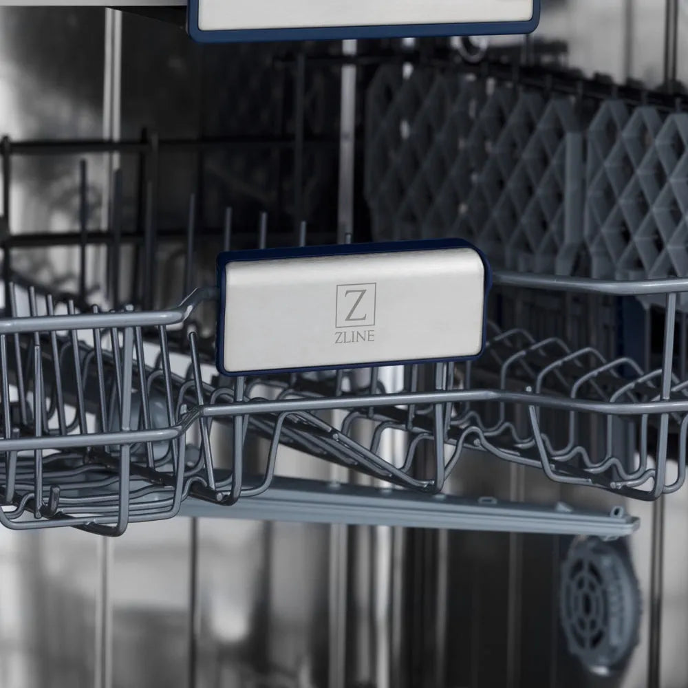 ZLINE Autograph Edition 24 in. Tallac Series 3rd Rack Dishwasher with Auto Door Open Drying, 51dBa, Stainless Steel Panel with Polished Gold Handle (DWVZ-304-24-G) close-up, ZLINE logo on dish rack.