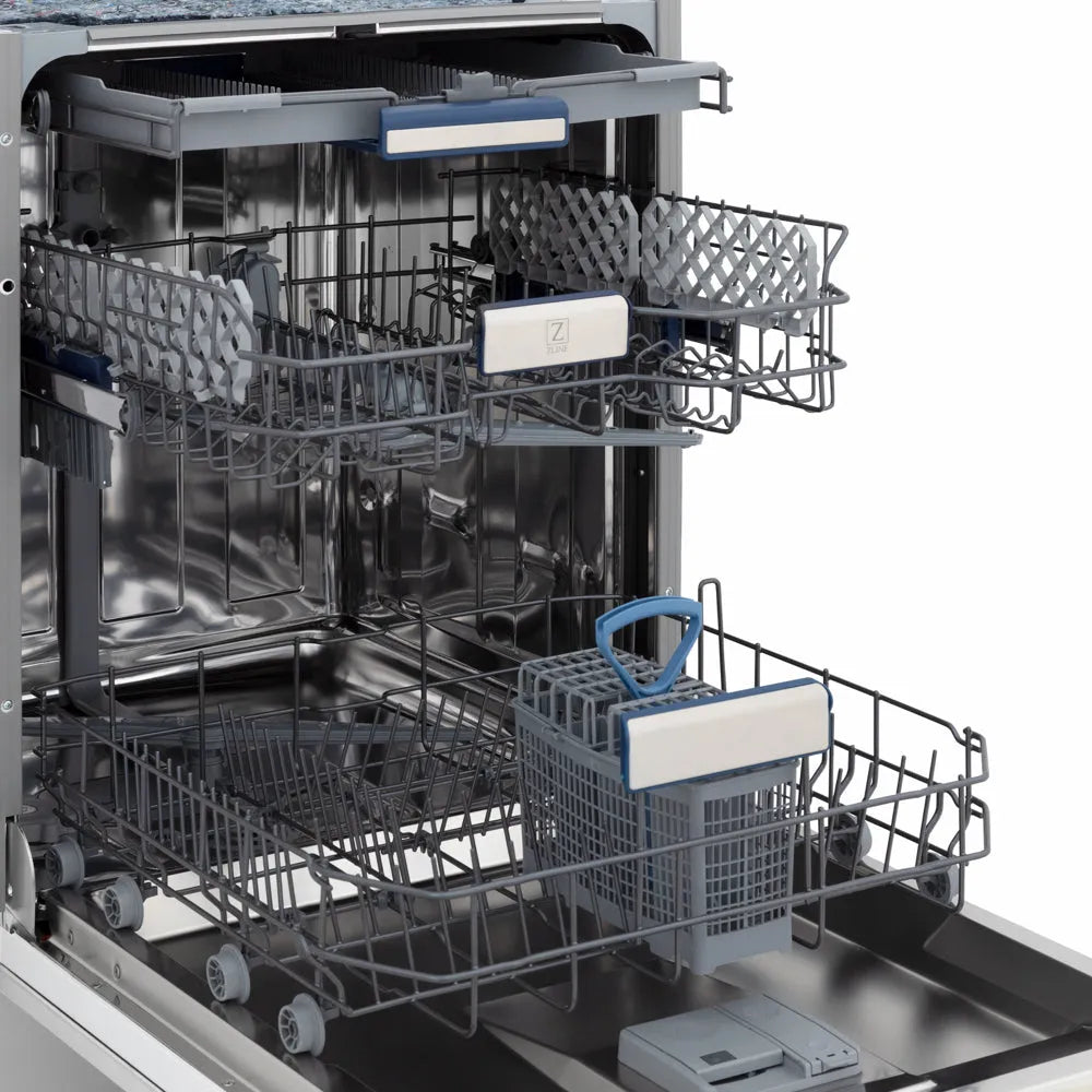 ZLINE 24 in. Tallac Series 3rd Rack Dishwasher with Auto Door Open Drying, 51dBa, Panel Ready (DWV-24) side, open, with dish racks extended.