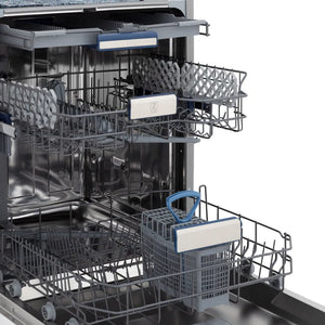 ZLINE 24 in. Tallac Series 3rd Rack Dishwasher with Auto Door Open Drying, 51dBa, Unfinished Wood Panel (DWV-UF-24) side, open, with dish racks extended.