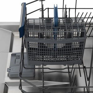 ZLINE Autograph Edition 24 in. Tallac Series 3rd Rack Dishwasher with Auto Door Open Drying, 51dBa, Panel Ready with Matte Black Handle (DWVZ-24-MB) close-up, utensil holder on bottom dish rack.